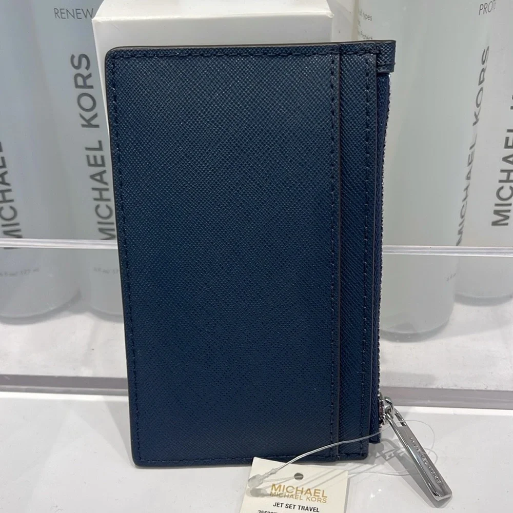 Michael Kors Jet Set Travel Medium Leather Card Case Navy Silver NWT